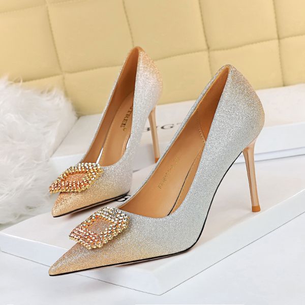 96161-8 Korean Sexy Party High-Heeled Shoes Stiletto High-Heeled Shallow Pointy Color Gradient Rhinestone Buckle Single
