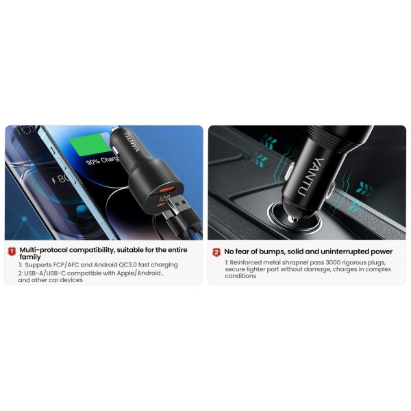 High Power 12V 24V PD QC 3.0 USB-C Dual Type-C Car Charger for Laptop and Mobile Phone