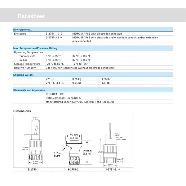GF Signet Type 2751 DryLoc pH ORP Smart Sensor for Wastewater Treatment with Plastic Material and Universal Motor