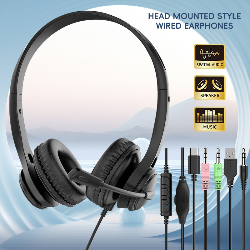 JTY-1225 Head mounted wired headphones with microphone, desktop laptop, online learning, office, customer service, call headset 3.5mm/Type-C/USB plug, supporting OEM/ODM customization service