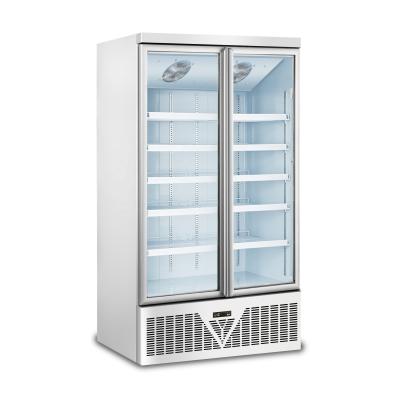 Congélateur à crème glacée vertical commercial à deux portes avec étagères réglables, éclairage LED, présentoir de stockage frigorifique de supermarché