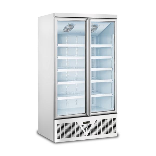Commercial Double-Door Vertical Chiller Ice Cream Freezer with Adjustable Shelves LED Lighting Supermarket Cold Storage Display