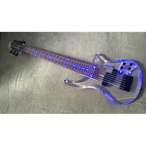 7 Strings Bass Guitar Limited Edition Clear Acrylic Body Rosewood fingerboard inlay Blue LED lamp Electric Bass Guitar