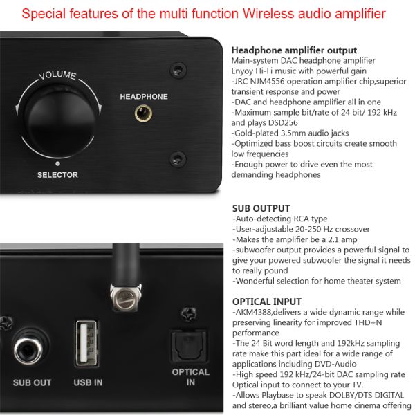 Wireless Audio Amplifier with 2.1 Channel 100W RMS Output and Bluetooth 5.0 Connectivity