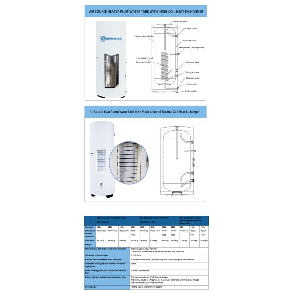 200L Factory Direct Sale Air Source Heat Pump Water Tank With Micro-Channel External Coil  Heat Exchanger