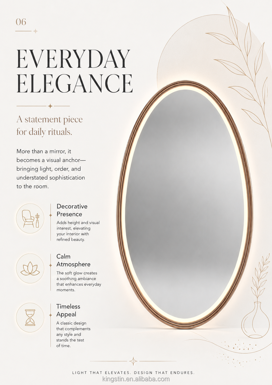Kingstin LED Smart Bathroom Mirror Water Drop Oval Makeup Mirror Aluminum Frame Touch Anti-Fog Wall Mirror