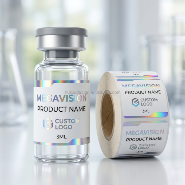 Research Chemical Vials Low MOQ Quick Turnaround Peptide Small Vial Labels Tailored Holographic PET Brushed Silver Vinyl