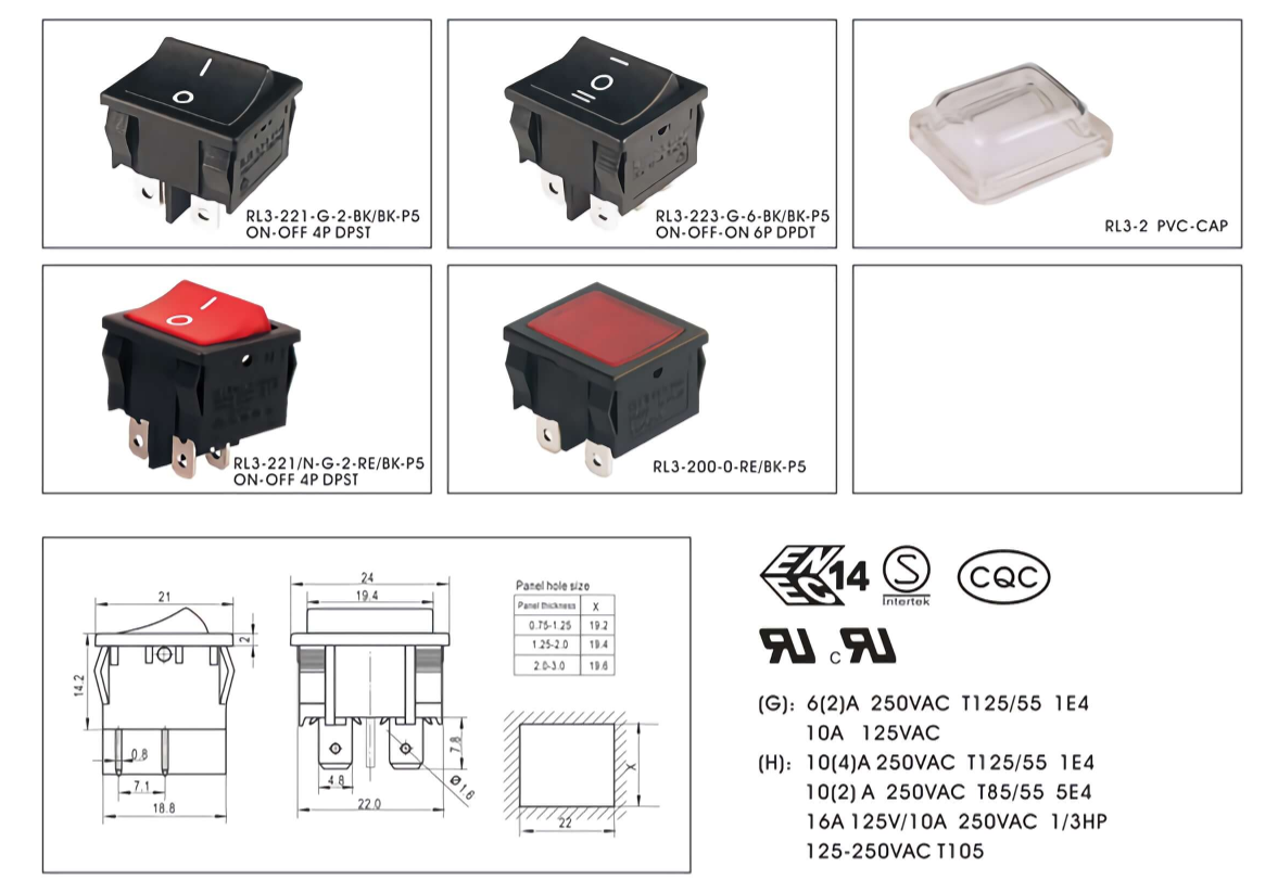 Durable RL3-2 Model Toggle Switches in BK WT Colors IP65 Rated Smart Switchgear Panel Rocker Switches Quick Connect Termination