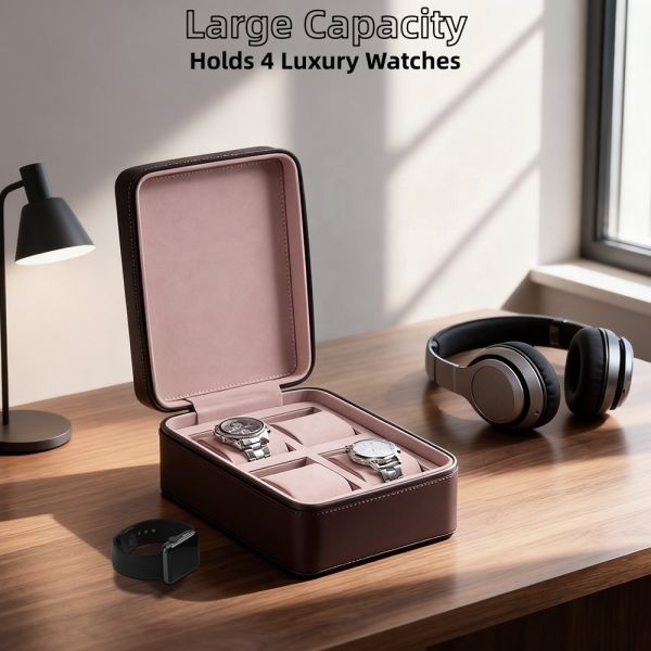 OEM ODM Custom 4 Slot Watch Box Luxury PU Leather Case Velvet Lining Durable Zipper Closure