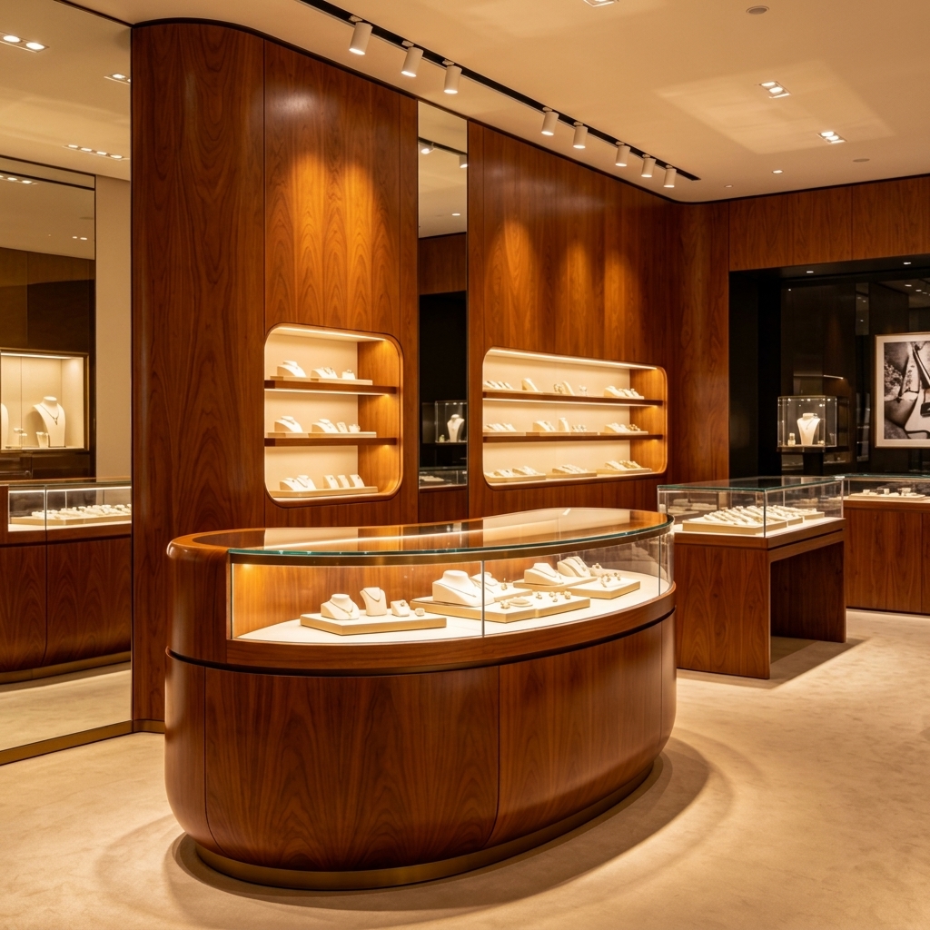 Curved Wooden Jewelry Island Counter with Glass Display Cabinets and LED Lighting