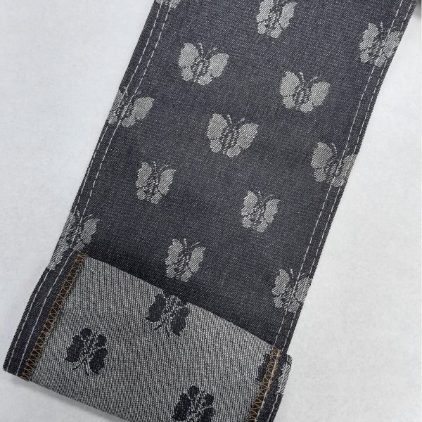 Butterflies Pattern Jacquard Dark Blue Denim Fabric Cotton Polyester 10oz for Special Design Jeans