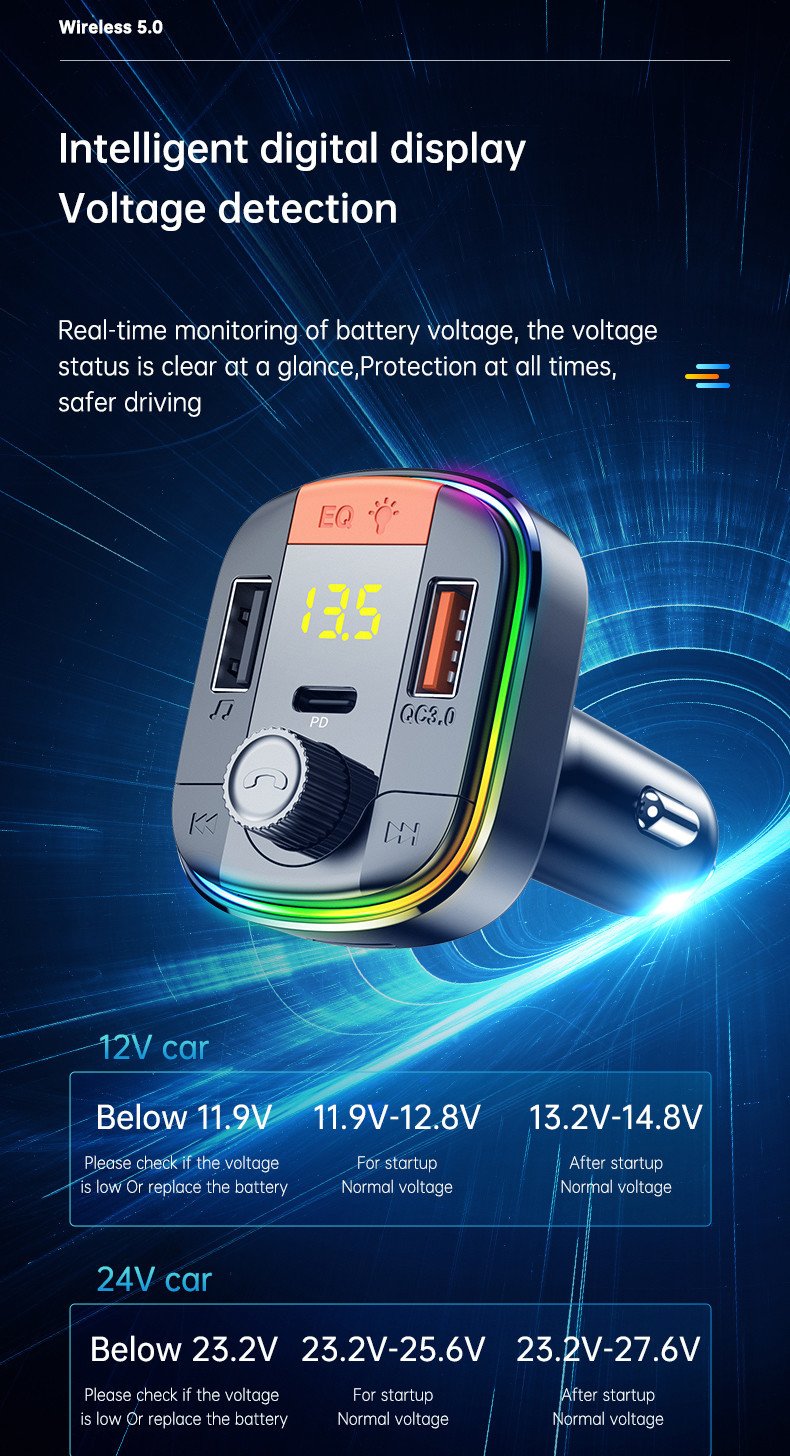 CVC беспроводной PD QC3.0 передатчика MP3 FM автомобиля удваивает заряжатель автомобиля USB