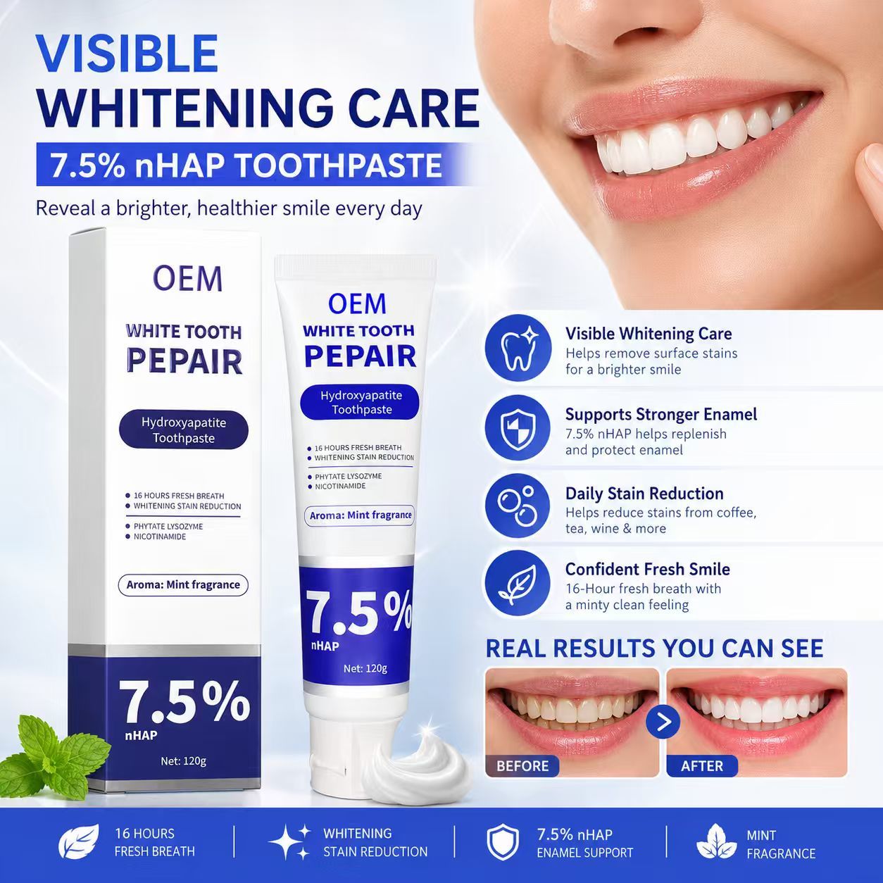 Customizable Nano 7.5% Hydroxyapatite Whitening Private Label Chemical Toothpaste Anti Sensitive Oral Repair Fluoride Free 120g