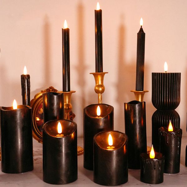 Remote Timer Moving Flame LED Candles Eco Friendly Flameless Wax Pillar Candles Black