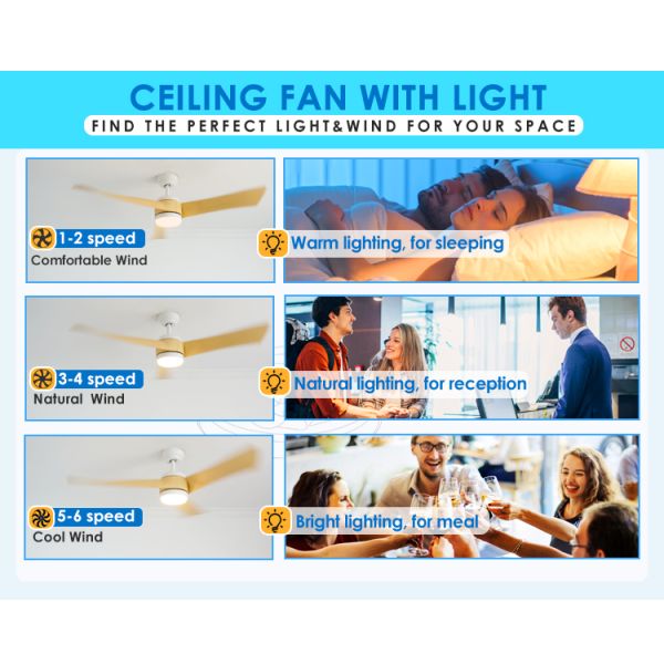 Ventilador de teto LED de lâminas ABS personalizado com soluções de controle e iluminação WiFi Tuya