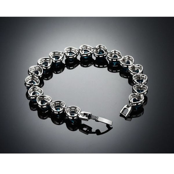 Fashion Platinum Plated Links Chain Heart Shape Blue Cubic Zirconia Tennis Bracelet (JDS949BLUE)