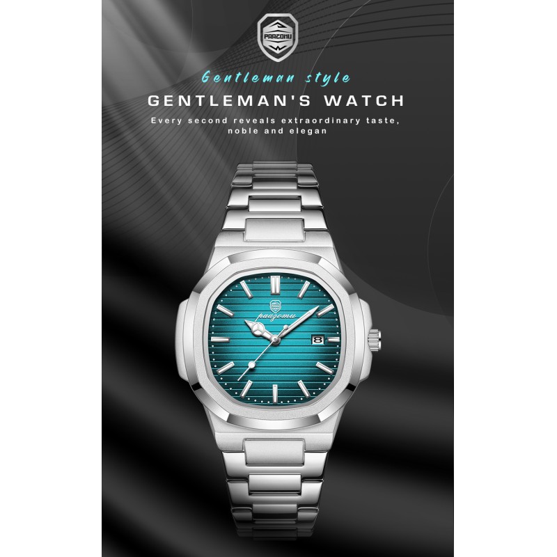 Men's Square Nautilus Style Automatic Watch – Tapestry Dial Steel Bracelet