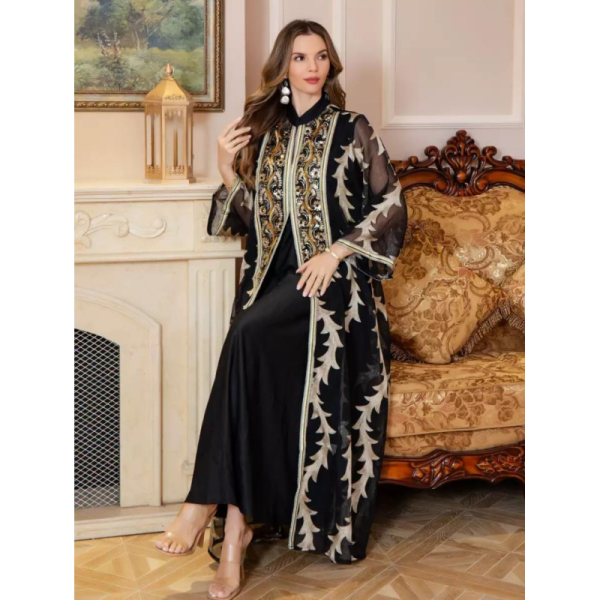 SMT094 Middle Eastern Modest Wear Gold Leaf Embroidered Stand Collar Abaya