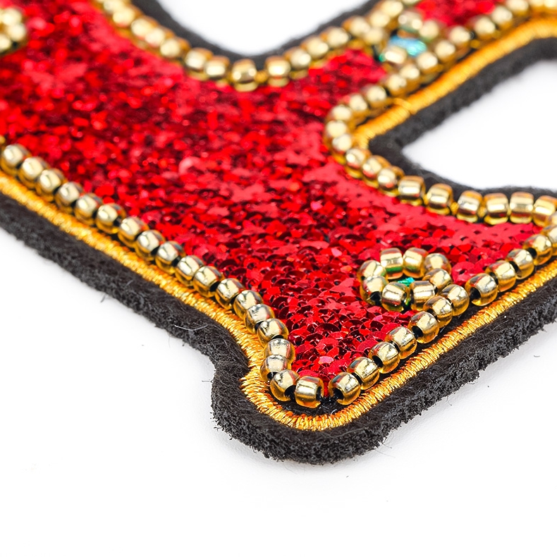 Custom Size Luxury Red Sequin Bead Diamond Embroidered Letter Patch Exquisite PU Rubber Letter Patch H
