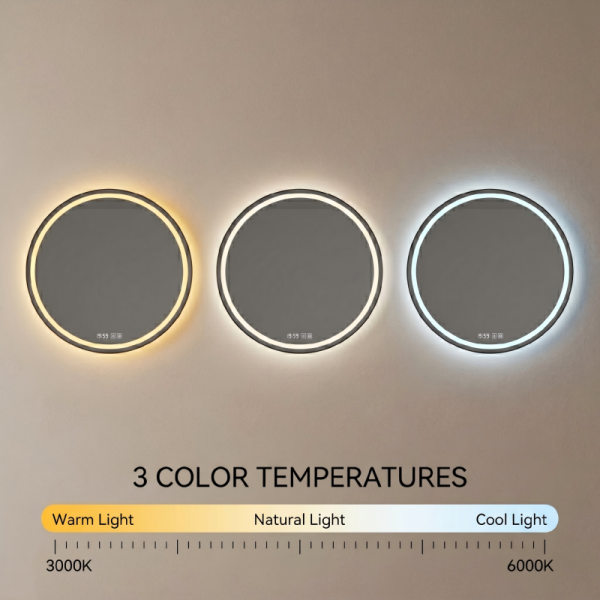 Kingstin Round Smart LED Mirror, Ultra-Thin Aluminum Frameless, Anti-Fog Vanity Mirror with Bluetooth, Time, 3-Color Dimmable
