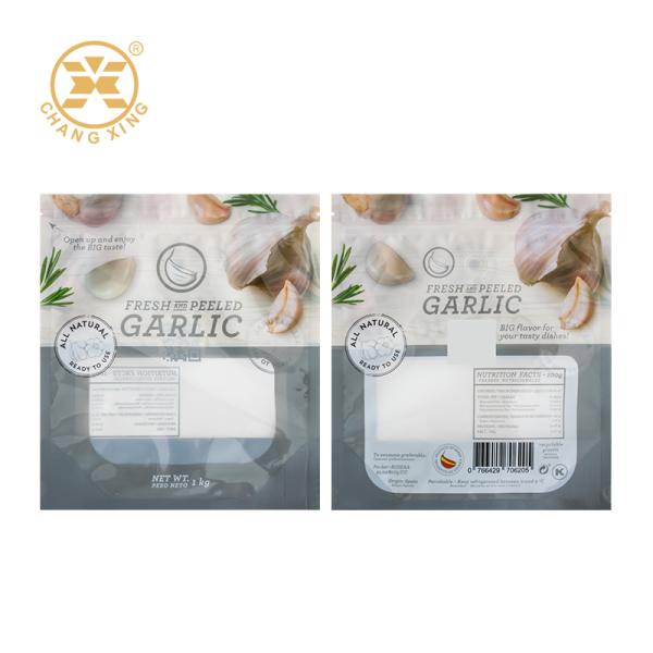 Bolsas de embalaje personalizadas para verduras frescas PET/CPP, bolsas de plástico Bopp para ajo con ventana transparente