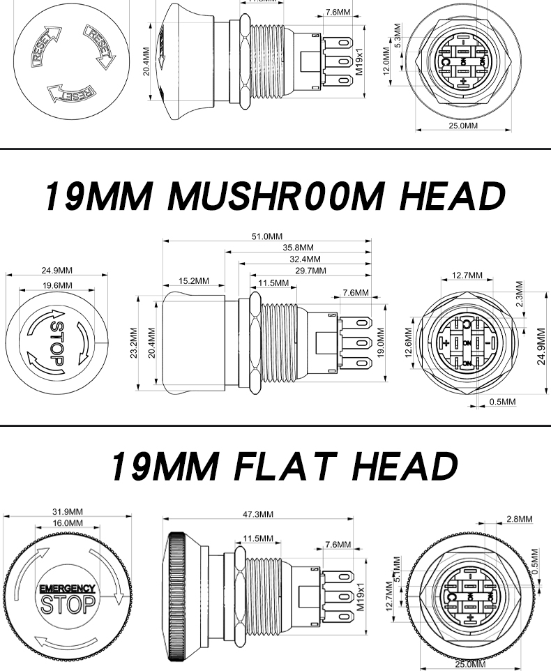 16/19/22MM Waterproof Stainless Steel Mushroom Head Switch Explosion-Proof Emergency Stop Power Button IP65 Level 220V Control
