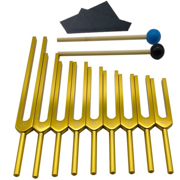 Sound Healing Therapy Gold Tuning Fork Set with 9 Chakra 9 Type Hz and Aluminum Alloy