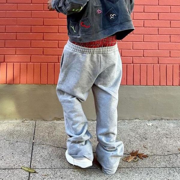 Proveedor personalizado de algodón suelto, ligero, de piernas anchas, pantalones de sudor con bolsas, hombres, logotipo de impresión, pantalones de sudor de cintura doble, francés, Terry