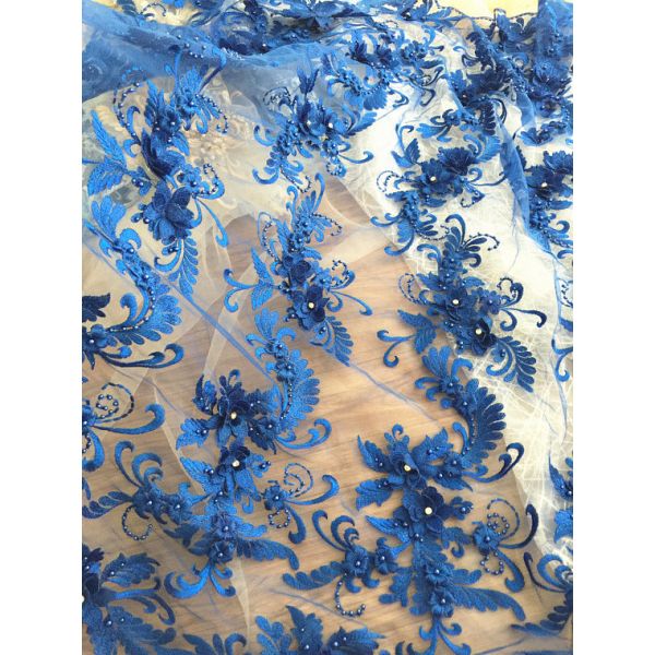 3D Rhinestone Beaded Tulle Fabric , Embroidered Royal Blue Lace Fabric For Bridal Gown