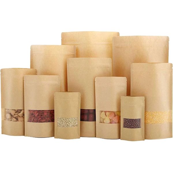 Space Saving Convenience Resealable Ziplock Front Window Stand-Up Smell Proof Plastic Kraft Paper Bag