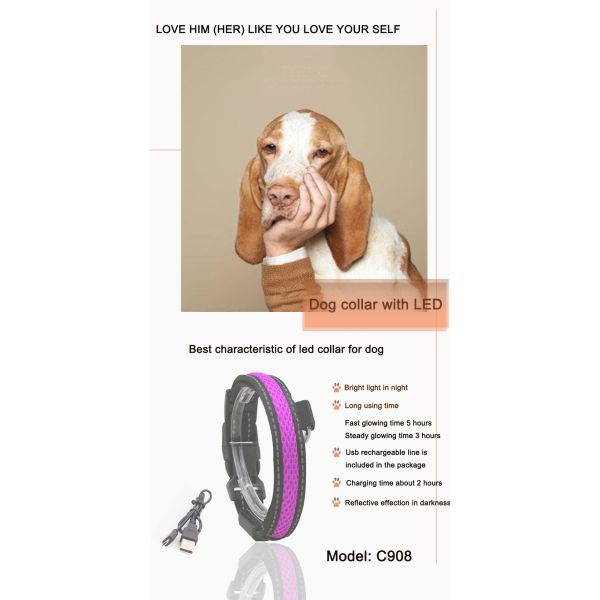 C908 Hot Sale Custom Nylon Waterproof Iluminous Usb Rechargeable Led Dog Collars