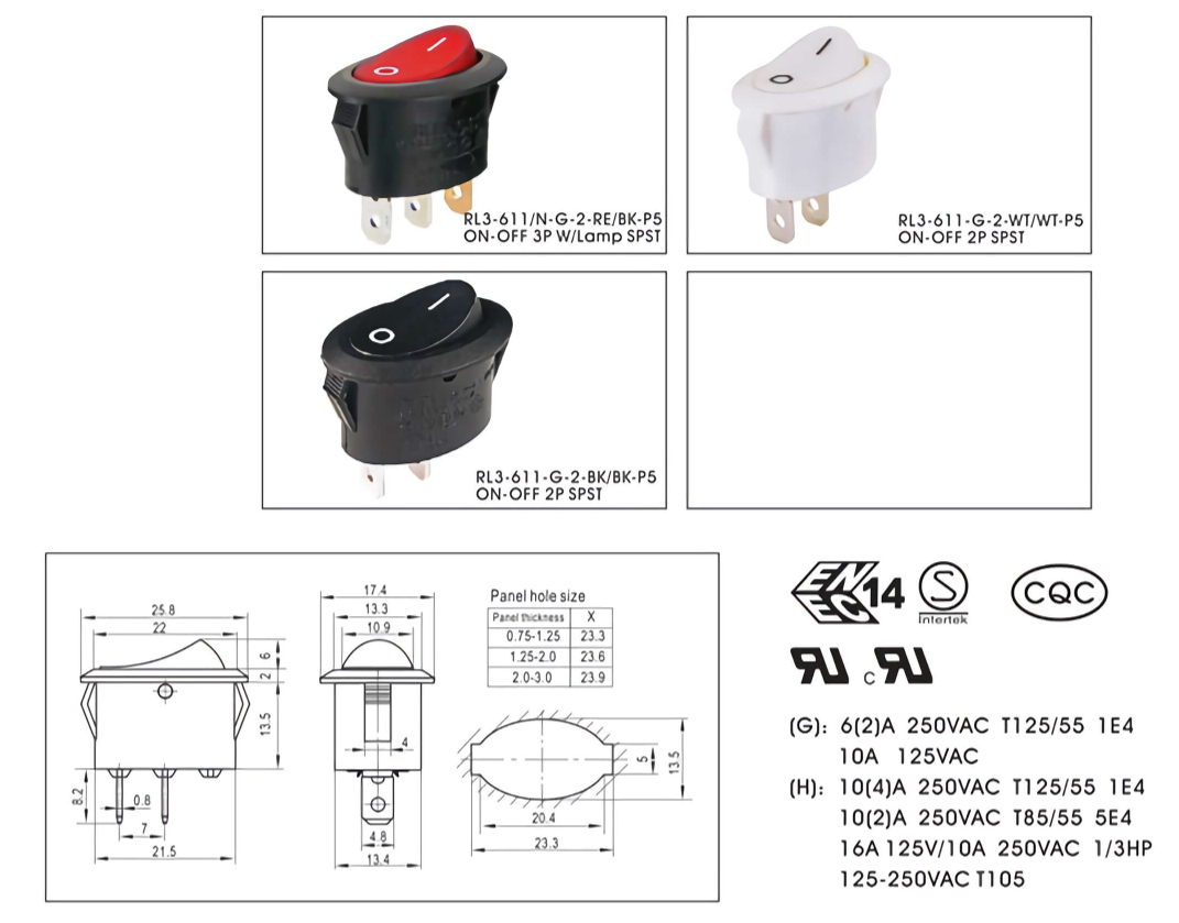White Rocker Switch 2P SPST ON-OFF 16A 250V Plastic Electrical Switch for Home Appliances Office Devices Safety Certifications