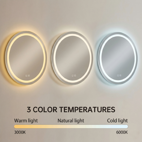 Kingstin Smart Round LED Bathroom Mirror, Frameless Vanity Mirror, 3-Color Light, Anti-Fog, Custom Size, Bluetooth