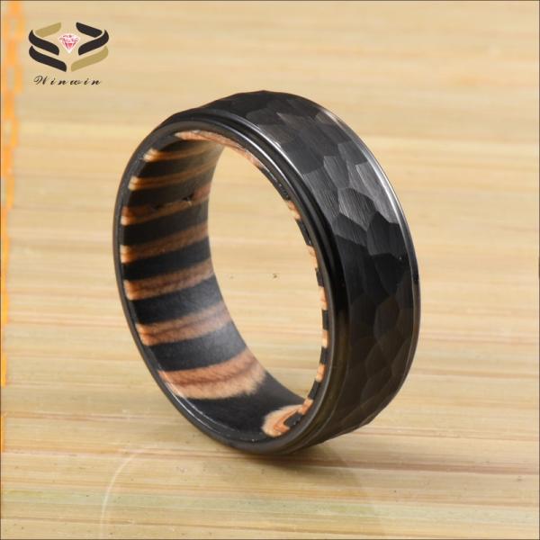 Wedding Bands or Rings Style Black Tungsten Hammered Ring 8mm Step Edge Box Elder Wood Ideal for Party Celebration