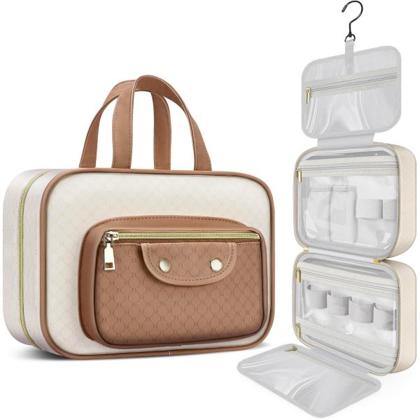 Water-resistant Creamy White Toiletry Hanging Makeup Cosmetic Organizer Travel Bag for Full Sized Toiletries Accessorie
