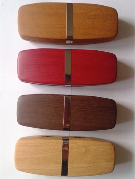 Hot selling bamboo wooden leather-glasses cases with metal band in center