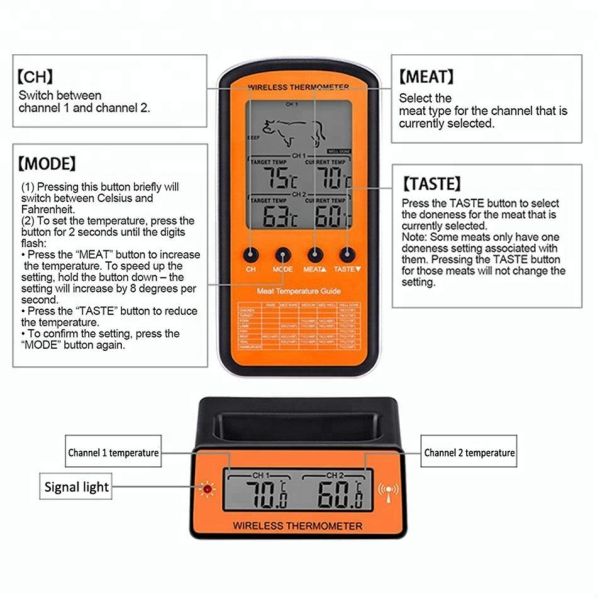 DTH-106 Wireless Remote BBQ Thermometer Dual Probe Digital Cooking Meat Food Oven Thermometer