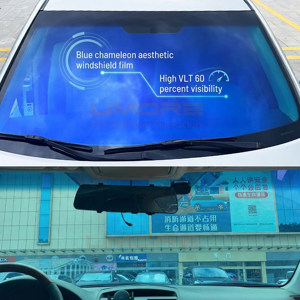 Blue Chameleon Window Tint Film Vlt 60% Car Windshield Sun Shade Film 1.52*30m