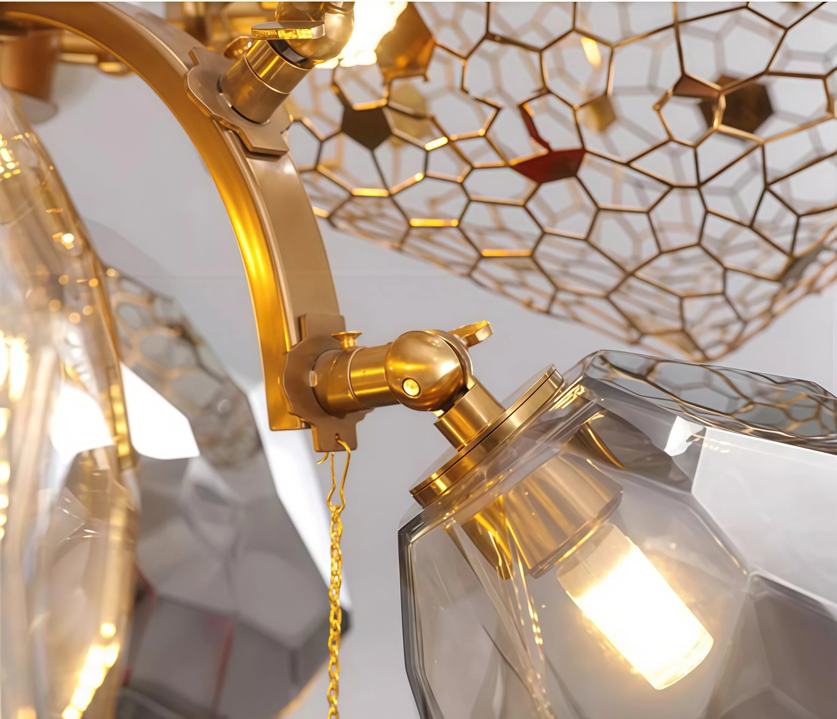 JYLIGHTING Modern Irregular Art Linear Glass & Gold Iron Chandelier, Abstract Sculptural Pendant Light for Luxury Dining Table & High-End Villa Interior