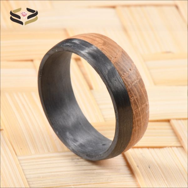 Cúpula de la boda Anillo de fibra de carbono negro Barril de whisky natural carbonizado de madera con incrustaciones para hombres