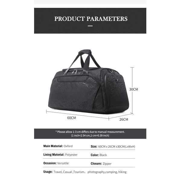 Black Crossbody 55L Duffle Bag Travel Luggage Handbag 1.1KG