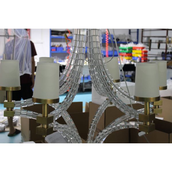 Handmade Brass 6-Light Chandelier with White Fabric Shades