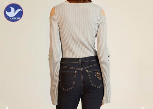 Crew Neck Gray Off The Shoulder Sweater Off Elbow Ribbed Big Stretch Top Soft Touch