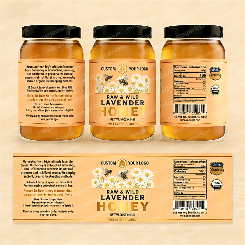 Custom Gold Hot Stamping Business logo Label Print Sticker Honey Food Jam Peanut Butter Jar Bottle Packaging Labels