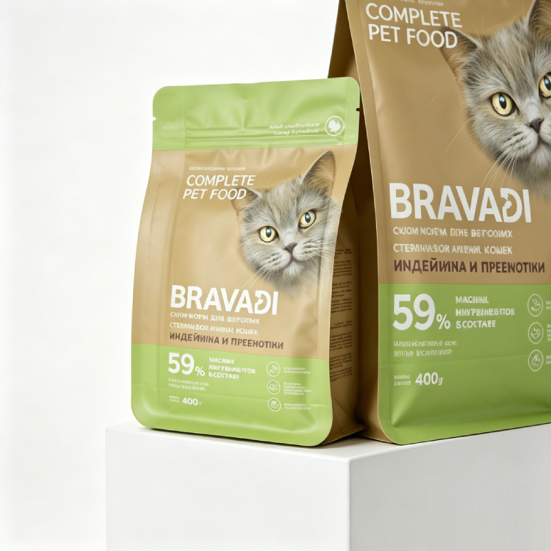 Custom Full Color Printed Eight Side Seal Cat Feed Bag | Resealable Zipper Pouch With Short-Hair Cat Image For Small Portion Premium Feline Dry Food