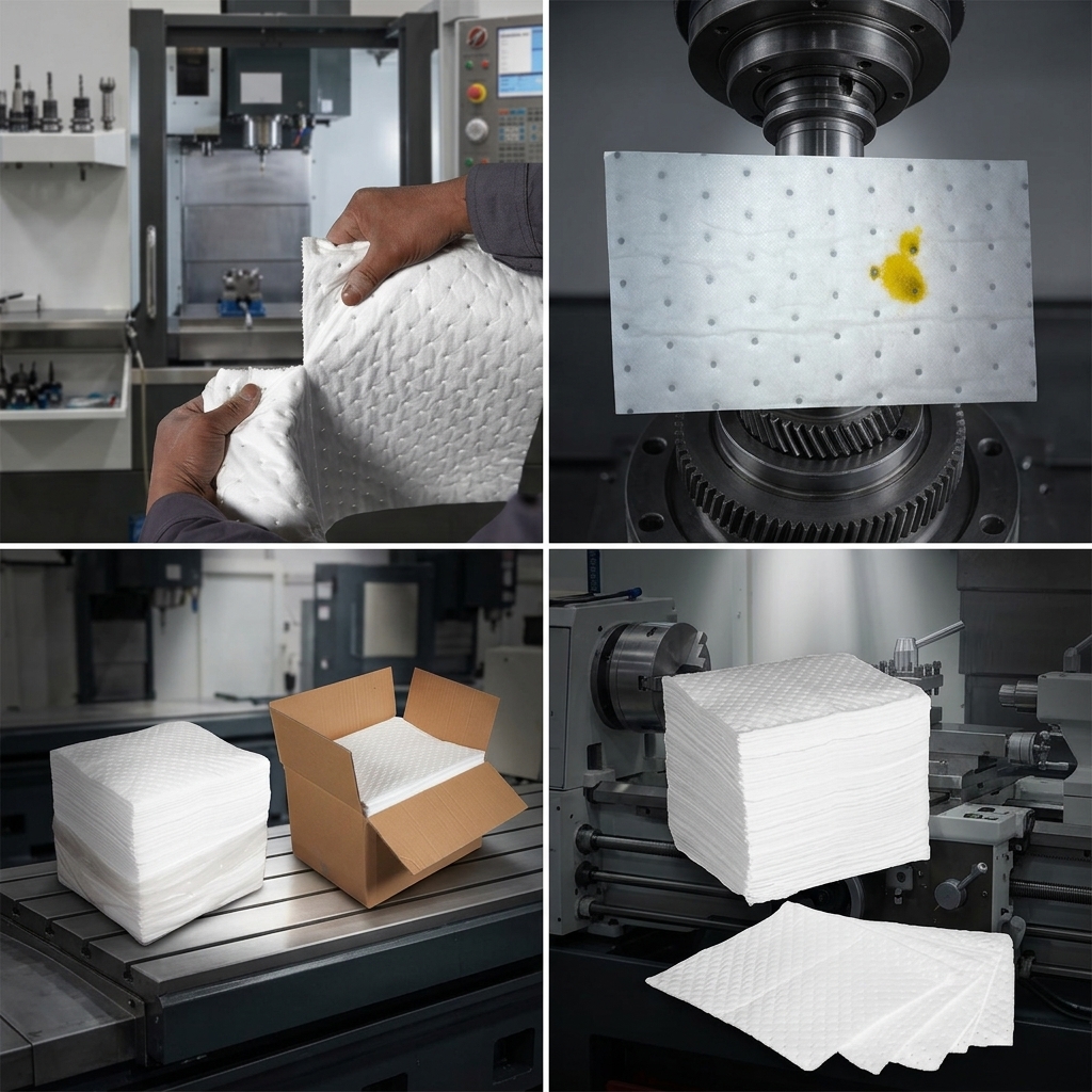 White Oil Absorbent Pads with Visible Saturation Indicator 300 gsm 100% Polypropylene for Workshop Spill Monitoring