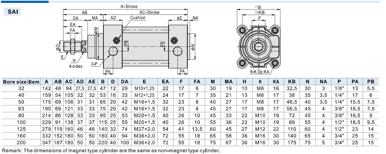 Vérin standard en aluminium AIRTAC ISO15552 Double effet SAI SAID SAIJ Alésage 32mm à 200mm course 10mm à 2000mm SAI80X150S SAID200X400S
