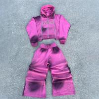 Fabricante de OEM Custom Rhinestone Zip Up Hoodie Tres cremalleras Acido Lavado Trajes de deporte Sucios Calzoncillos y juegos de sudadera con capucha