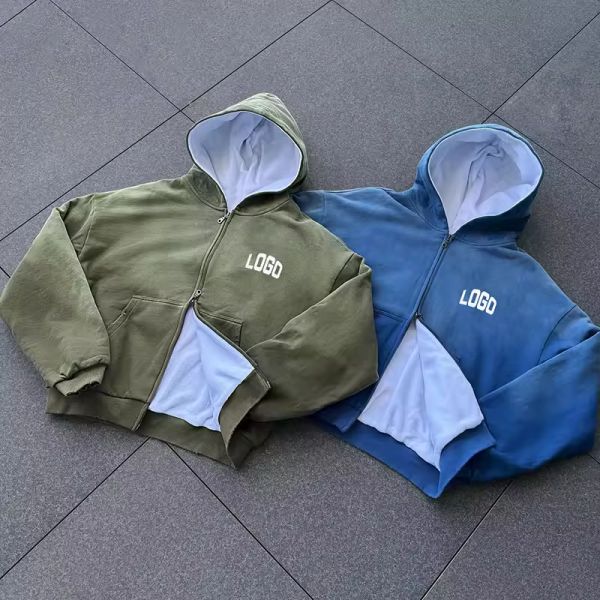 Custom Unisex Fleece Lined Jacket Streetwear Acid Wash Blank Graphic Hooded Jacket Zipper up Thick Fashion Jacket
