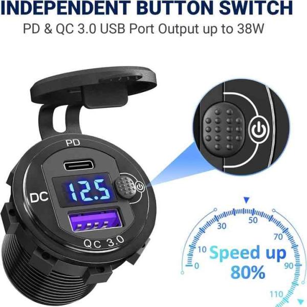 2 Ports PD QC3.0 Dual USB Car Charger With Waterproof Switch Long Lasting